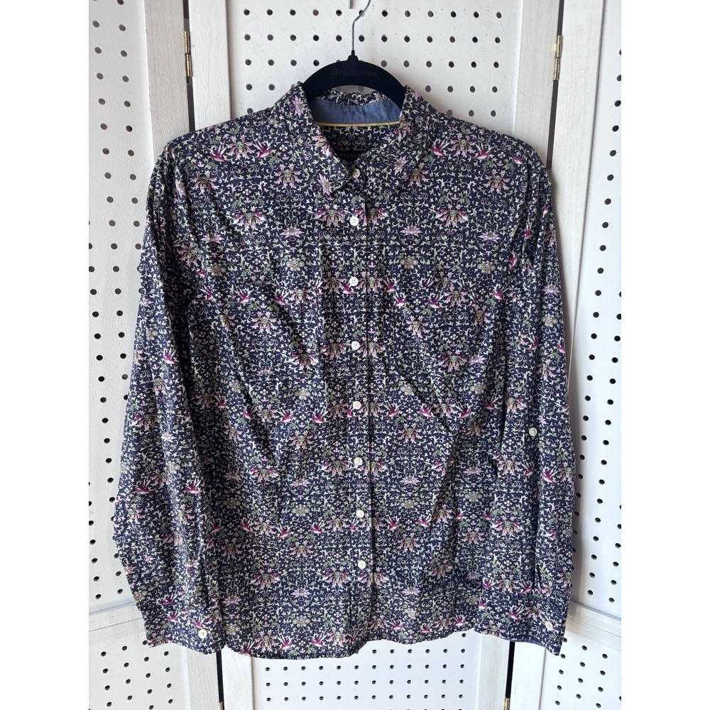 Talbots Women's 8 Navy / Multi Floral Bird Damask Button Down Long SLV Shirt